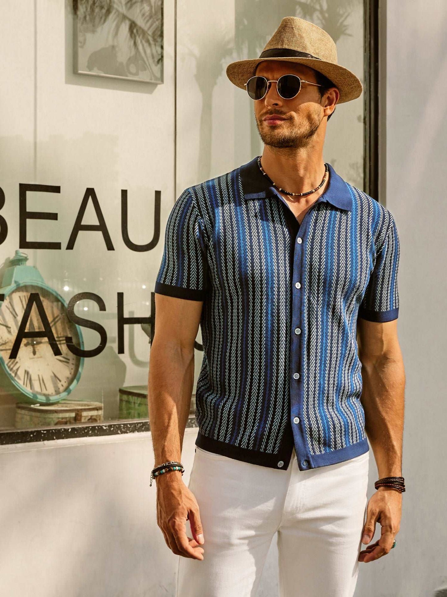 Polo Homme Slim Fit À Rayures Retro Bouton De Fermeture En Maille Coton Respirante À Manches Courtes