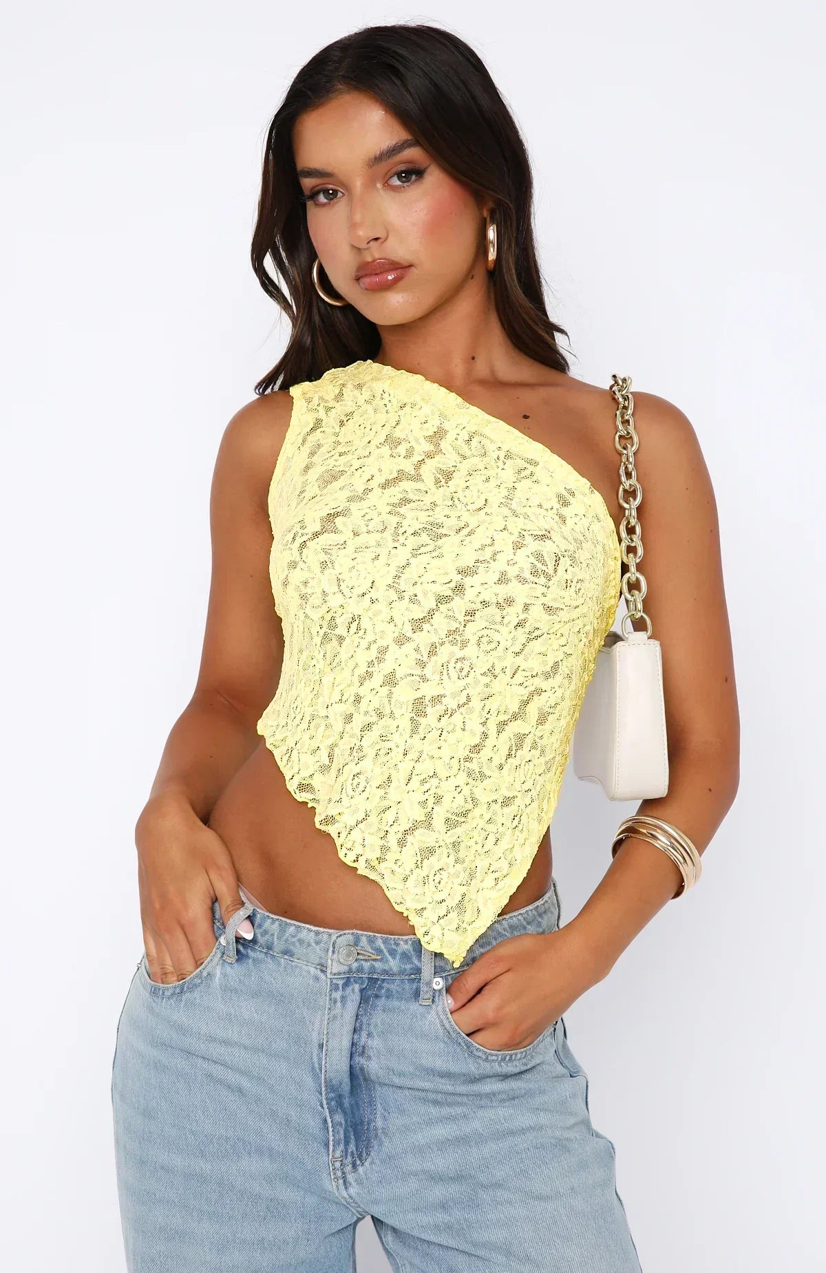 Amawinc Top Dentelle À Une Épaule Pour Femme Ajusté Avec Ourlet Asymétrique Et Coupe Courte