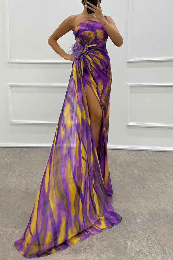 Audrey Robe Maxi Décolletée à une Épaule Avec Fente Pour Soirées Formelles Amawinc