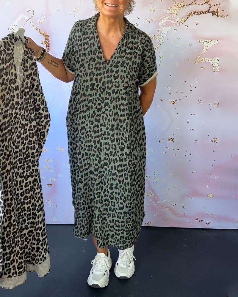 Damen-Kurzarmskleid mit Leopardenprint und V-Ausschnitt
