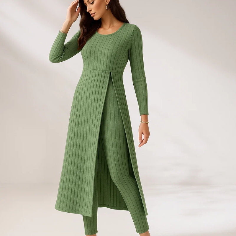 Ensemble Deux Pièces Norra Haut À Ourlet Fendu En Maille Côtelée Avec Pantalon Coordonné Confort Doux Respirant