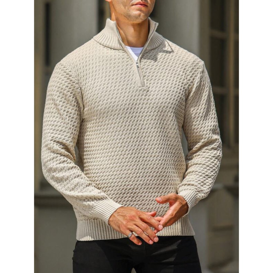 Pull Homme Demi Zip En Maille Texturée, Coupe Ajustée, Bords Côtelés, Confort Élégant Amawinc