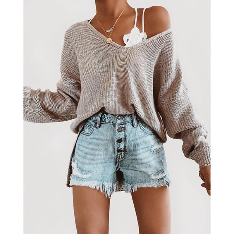 Damen lässiger Pullover mit tiefem V-Ausschnitt und überschnittenen Ärmeln Amawinc