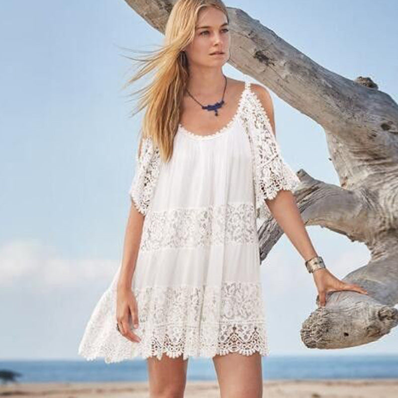 Women's Beach Dress - Cold Shoulder Lace - Casual Summer Outfit - Amawinc