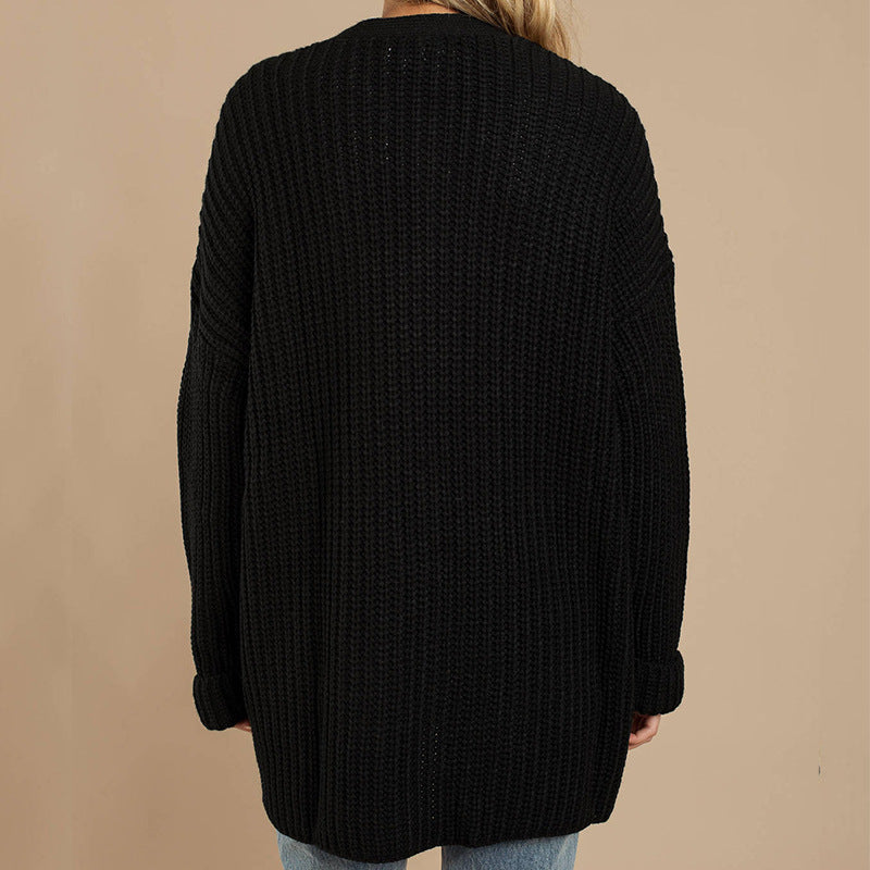 Damen Grob gestrickte Kuscheljacke mit tiefem V-Ausschnitt und lässigem Schnitt Amawinc