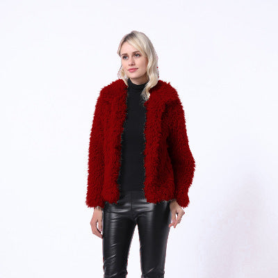 Damen Modischer Kunstpelzjacke mit elegantem Kragen und seitlichen Taschen Amawinc