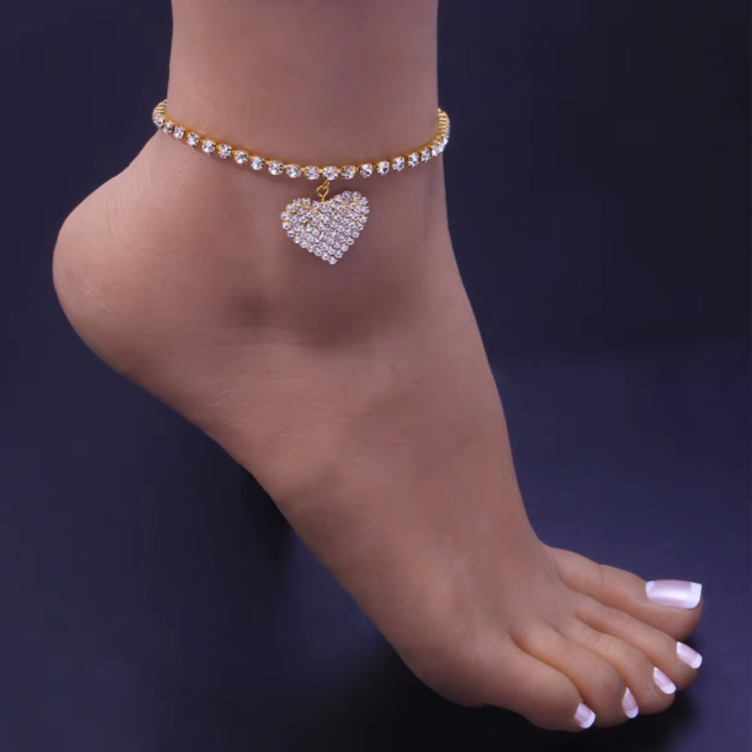 Jonc de Cheville Amorette Cœur en Cristal Flottant Étincelant Ajustable Léger et Polyvalent