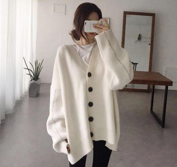 Damen lässige Strickjacke mit übergroßem Schnitt und großen Knöpfen Amawinc