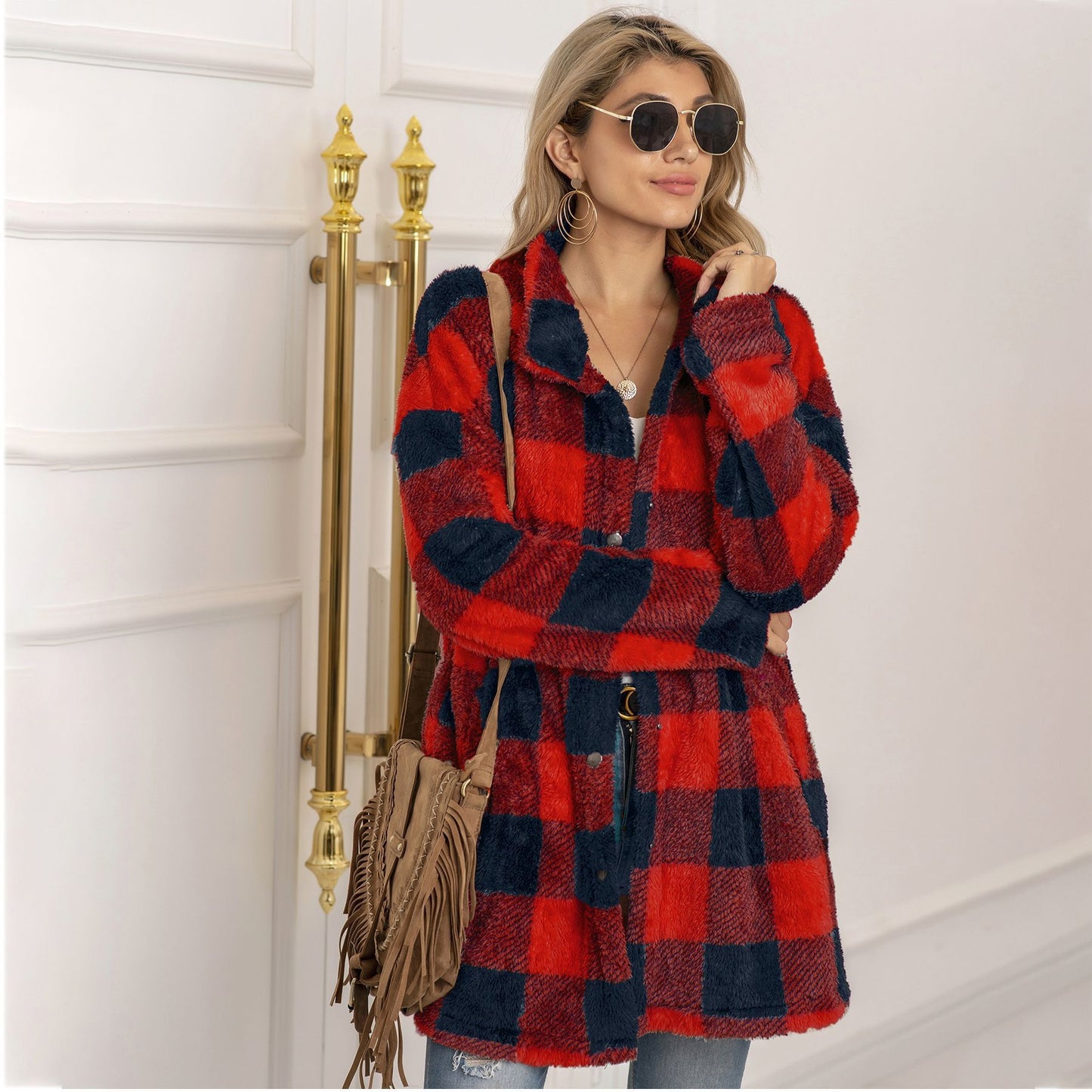 Veste Longue Polaire À Carreaux Colorblock Pour Femme Chaude Confortable Et Élégante Hiver Essentielle
