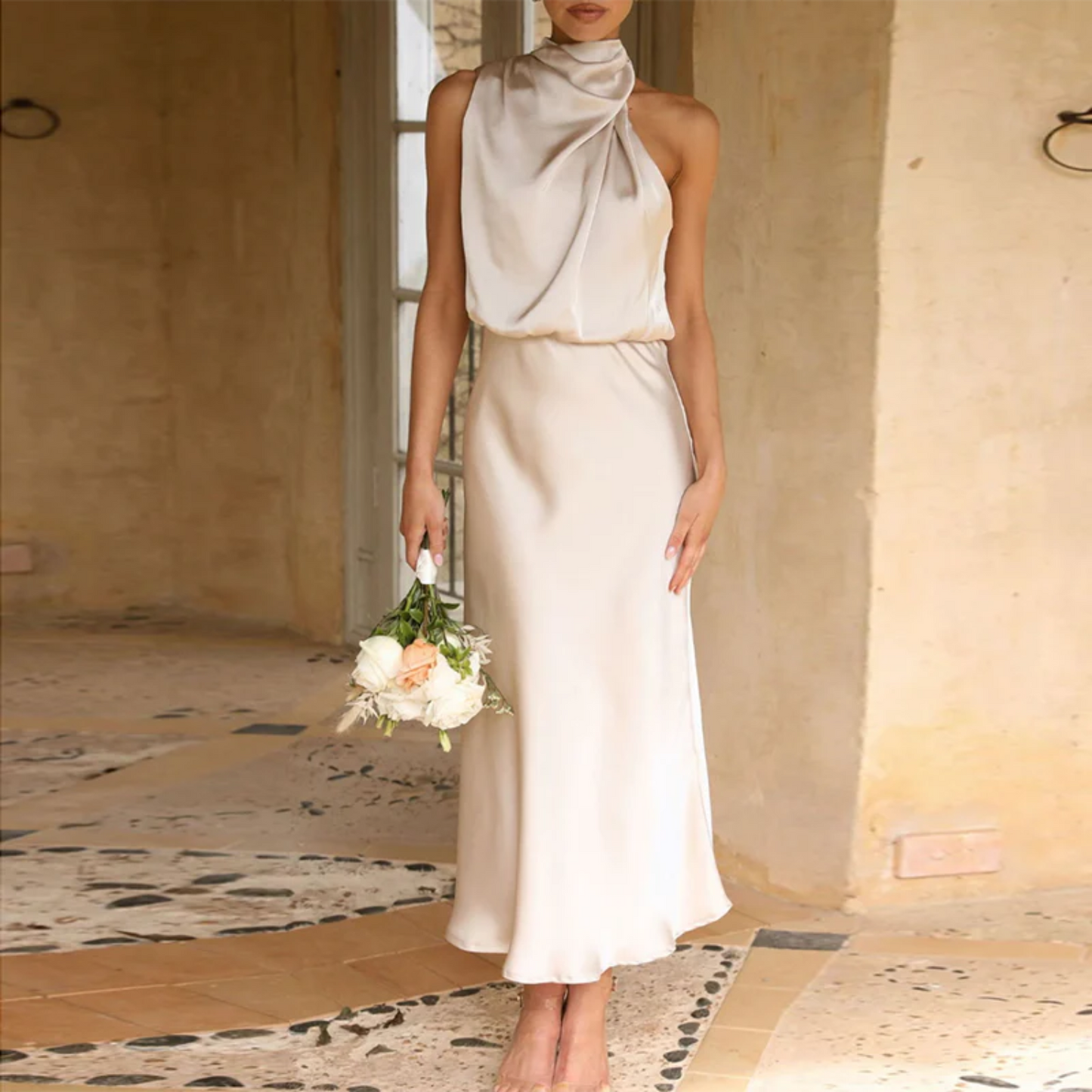 Robe De Soirée Satin Effet Satin Col Halterneck Taille Cintrée Élégante Pour Mariage Gala