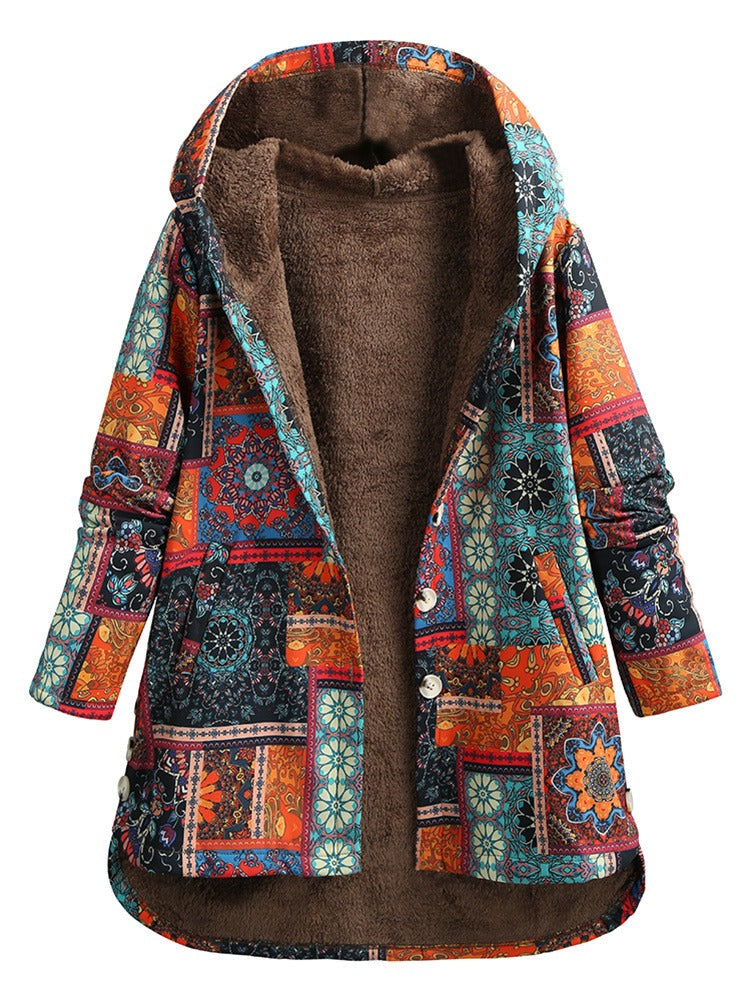 Baumwolljacke mit Kapuze und ethnischem Blumenmuster (Calanthe)