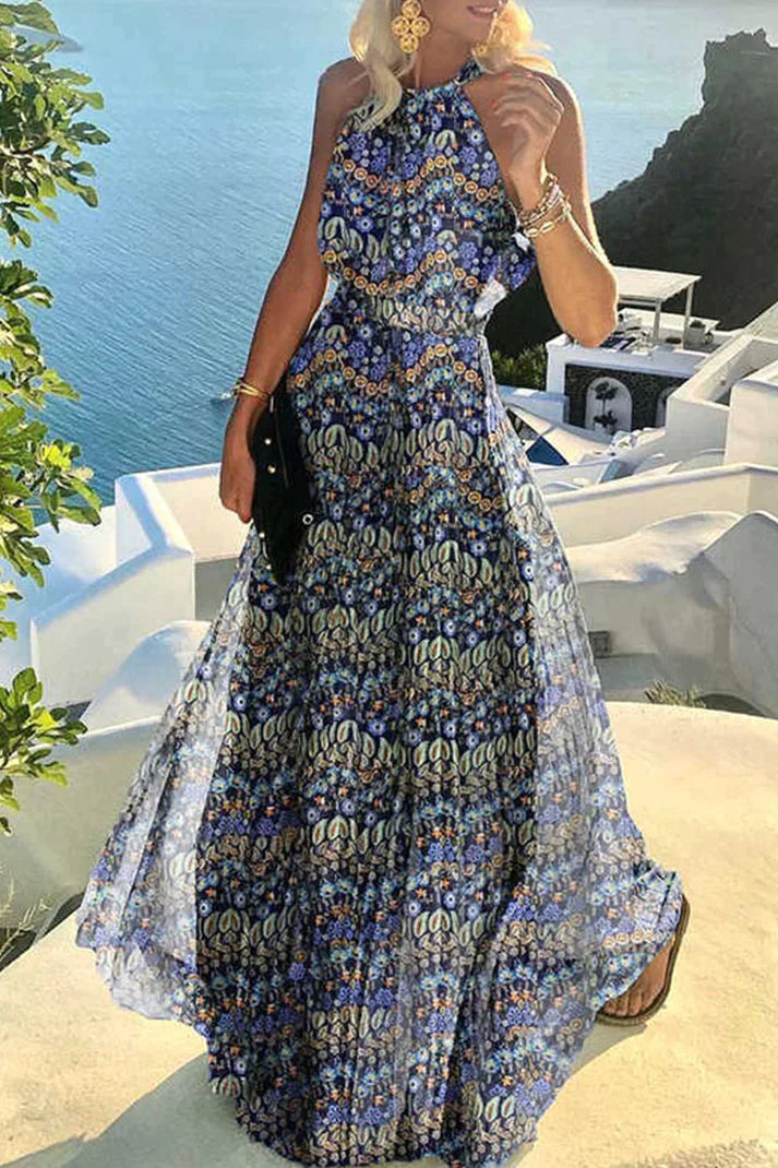Georgia Halter Dress, Bohemian Print Patchwork Pleated