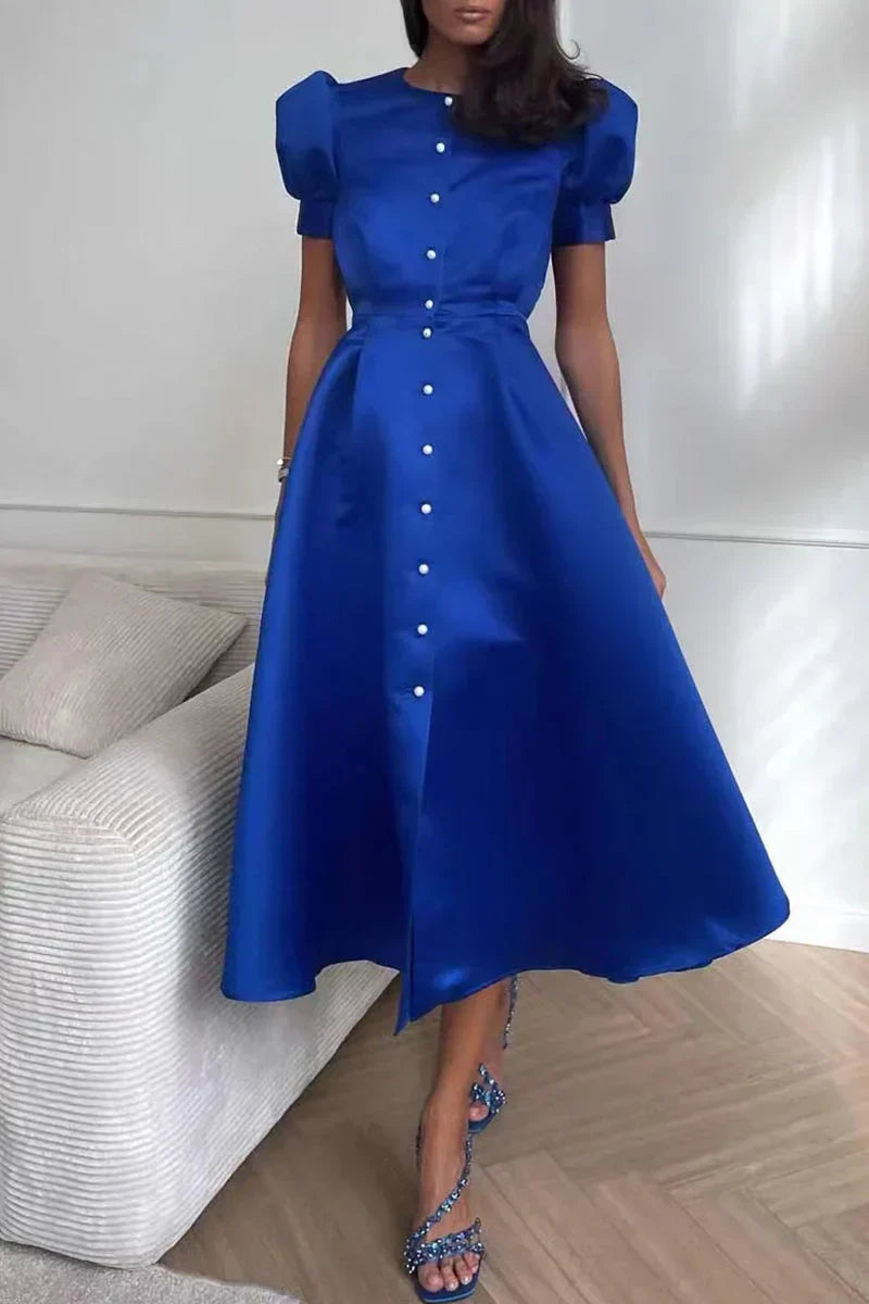 Robe Midi Femme Coupe A Line Manches Bouffantes Fermeture Boutons Look Élégant Satiné Pour Événements