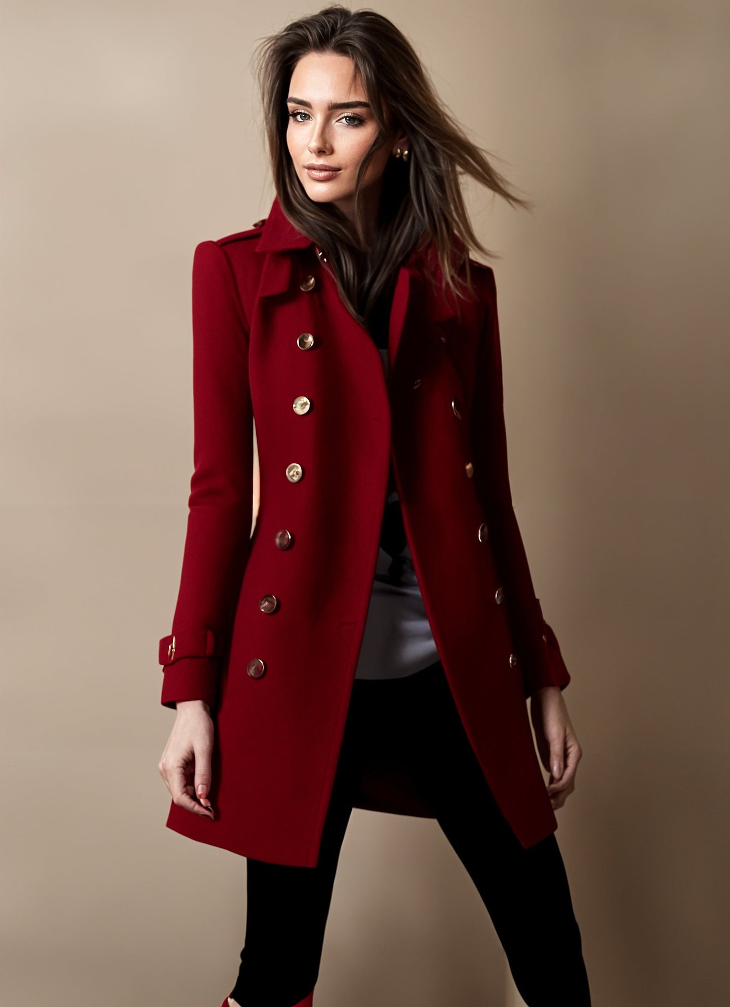 Manteau Femme Double Boutonnage Coupe Ajustée Revers Classique Mélange Laine Premium Pour Travail