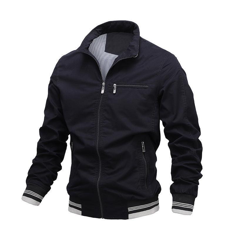 Veste Homme En Coton Lavé Coupe Regular Avec Zip Devant Poches Zipées Col Montant Pour Tous Les Jours Amawinc