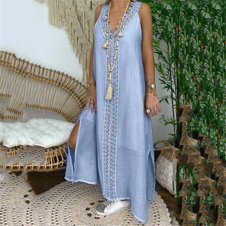Robe Maxi Femme Décontractée Avec Dentelle Coton Respirant Et Fentes Latérales Pour Été