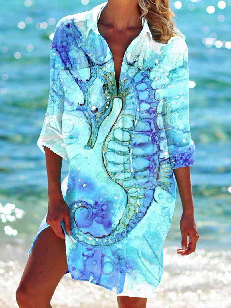 Strandkleid, Strickjacke, Badeanzug, Damenmode, Fudus Print-Hemd für den Urlaub