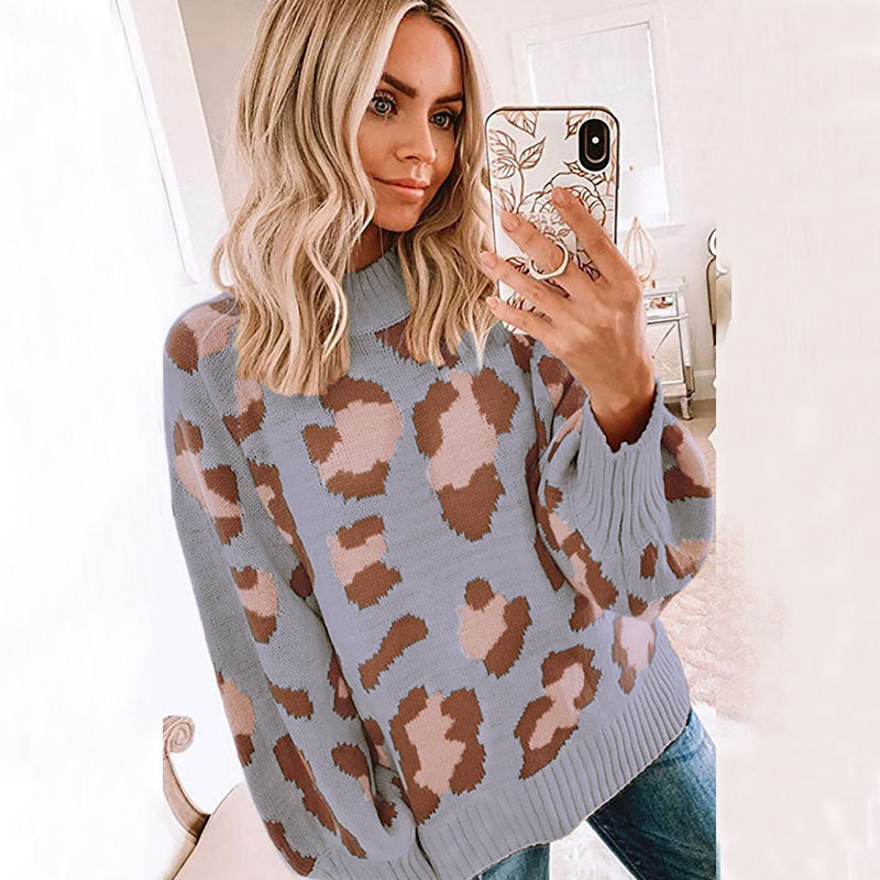 Pull Femme Oversize En Laine Mélangée Col Rond Imprimé Léopard Confort Quotidien Chic Décontracté