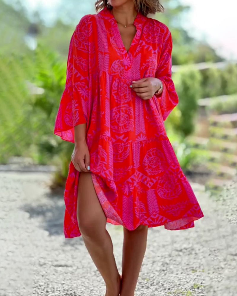 Boho-Kleid mit geometrischem Muster und Dreiviertelärmeln
