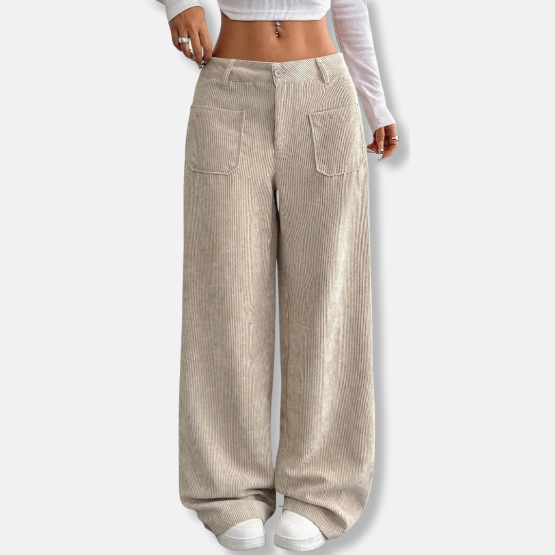Pantalon Femme Velours Côtelé Coupe Large Taille Haute Avec Poches Plaquées Avant