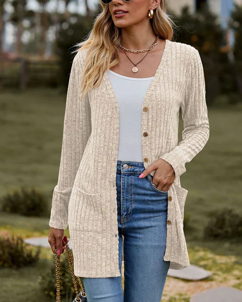Cardigan Femme Coupe Décontractée Maille Côtelée À Boutons Frontaux Mi Cuisses Poches Nordisk Flair Amawinc