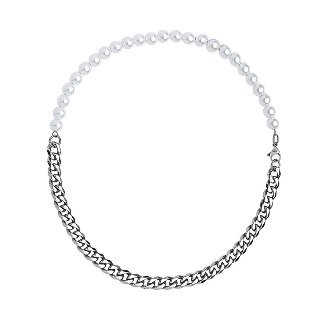 Collier Mi Perles Polies Et Acier Inoxydable Maillons Cubains Double Face Longueur Réglable 45 55 cm