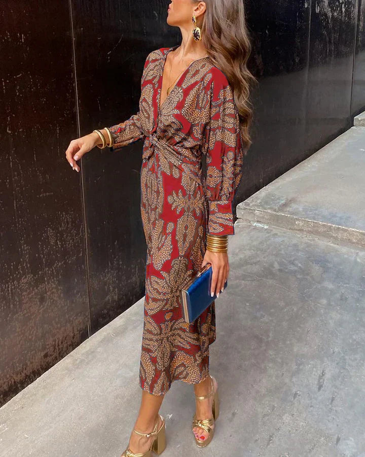 Robe Maxi Femme Décolleté En V Avec Nœud Manches Longues Coupe Fluide Légère Pour Toutes Occasions