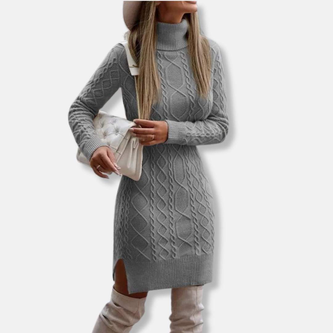 Robe Mini Femme Coupe Slim en Maille Mélangée Laine Col Roulé Manches Longues Fente Latérale Amawinc