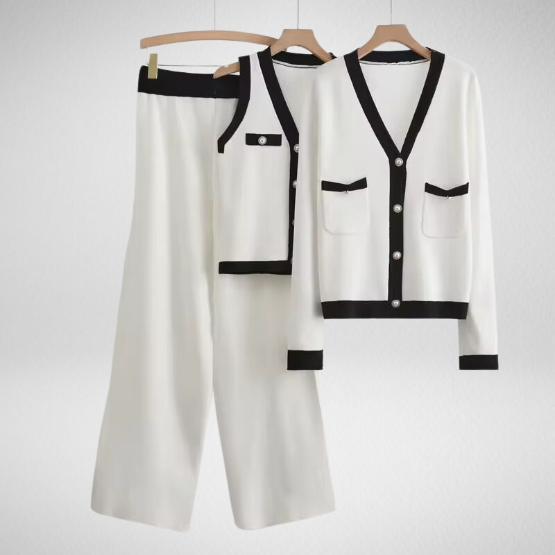 Ensemble Kate Lauder Trois Pièces Boutons Perle Détails Contrastés Pour Look Chic Jour Nuit Tissu Coton Mélangé Confort
