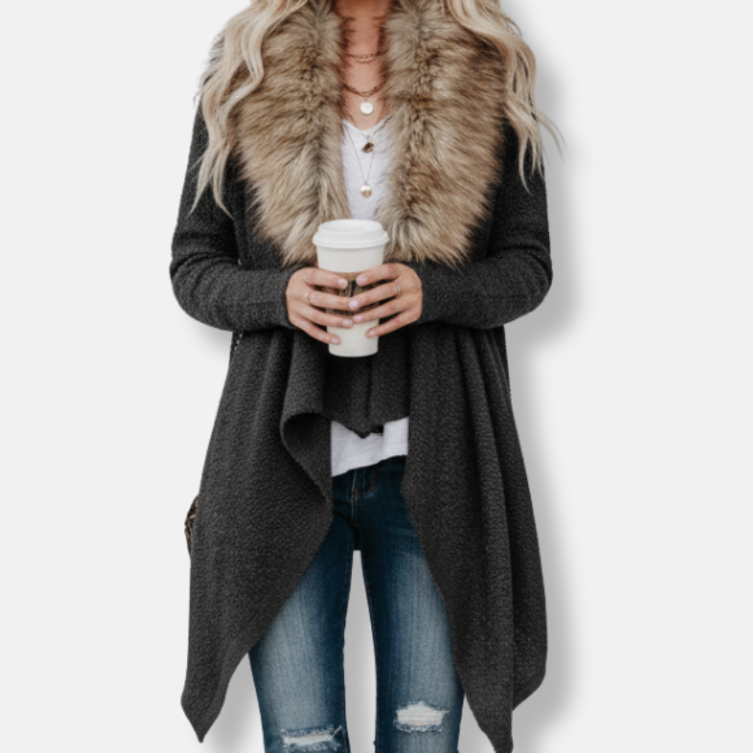 Veste Cardigan Femme En Maille Avec Col Fausse Fourrure Nordisk Flair Ouverture Frontale Décontractée