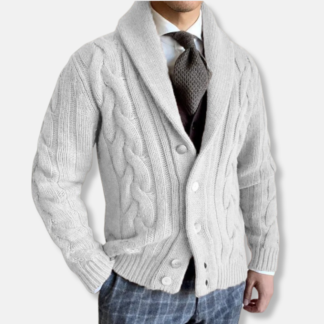 Cardigan Homme En Maille Câble Avec Col Châle Tricot Effet Laine Coupe Classique Moderne Confort