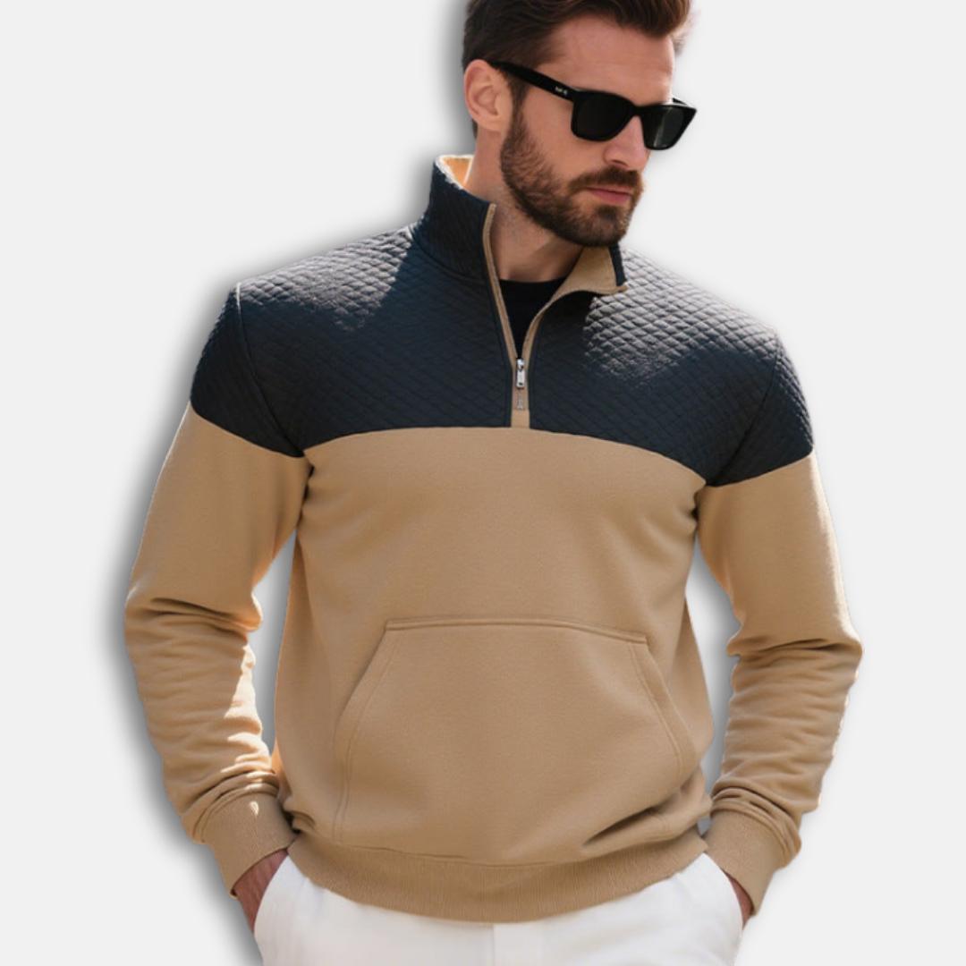 Sweatshirt Homme En Mélange de Coton Col Montant à Demi Zip Motif Diamant Matelassé Amawinc