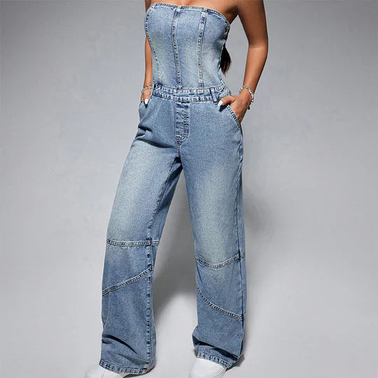 Yaneli: Off-Shoulder Denim Jumpsuits