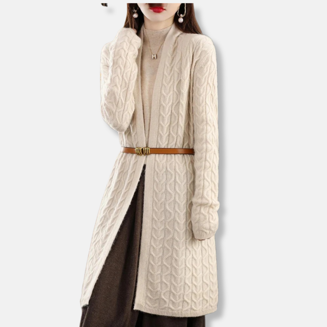 Cardigan Long Pour Femme En Maille Torsadée À Coupe Décontractée Avec Poignets Côtelés Et Taille Ceinturée