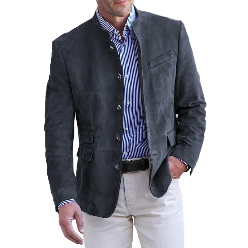 Veste En Daim Pour Homme Coupe Ajustée Col Mandarin Boutons Sur Une Rangée Style Nordique Moderne
