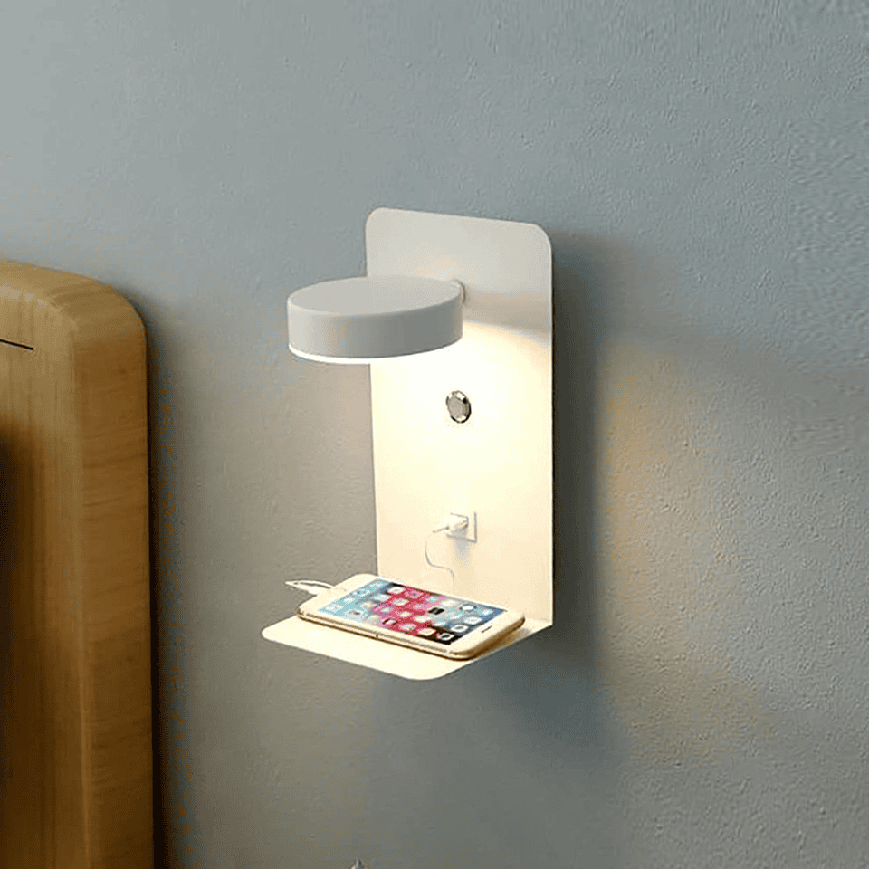 Lampe Murale LED Minimaliste Avec Chargeur USB Et Étagère Intégrée Pour Chambre Et Bureau