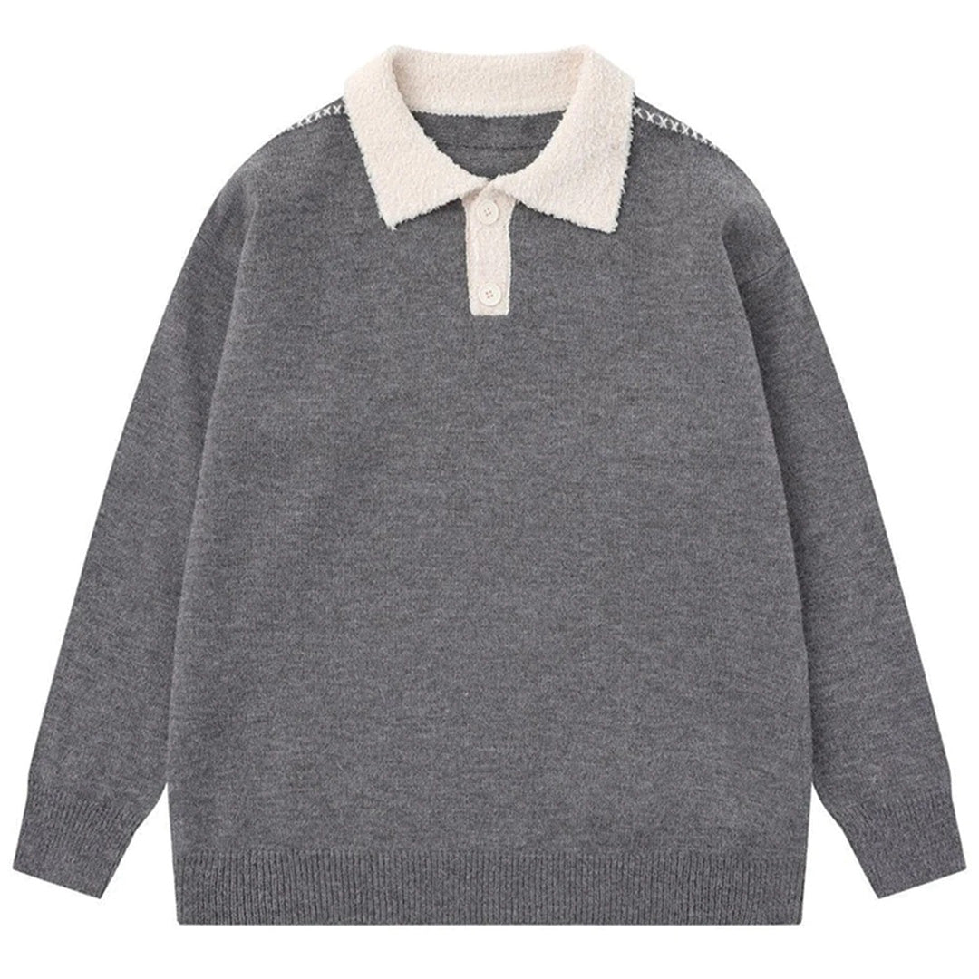 Pull En Mélange Coton Laine Col Crème Contrasté Avec Patte De Boutonnage Et Bord Côtes