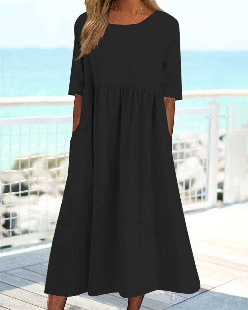 Robe Midi Femme Ample Col Rond Coupe Ligne en A Avec Poches Pratiques et Confortable Amawinc