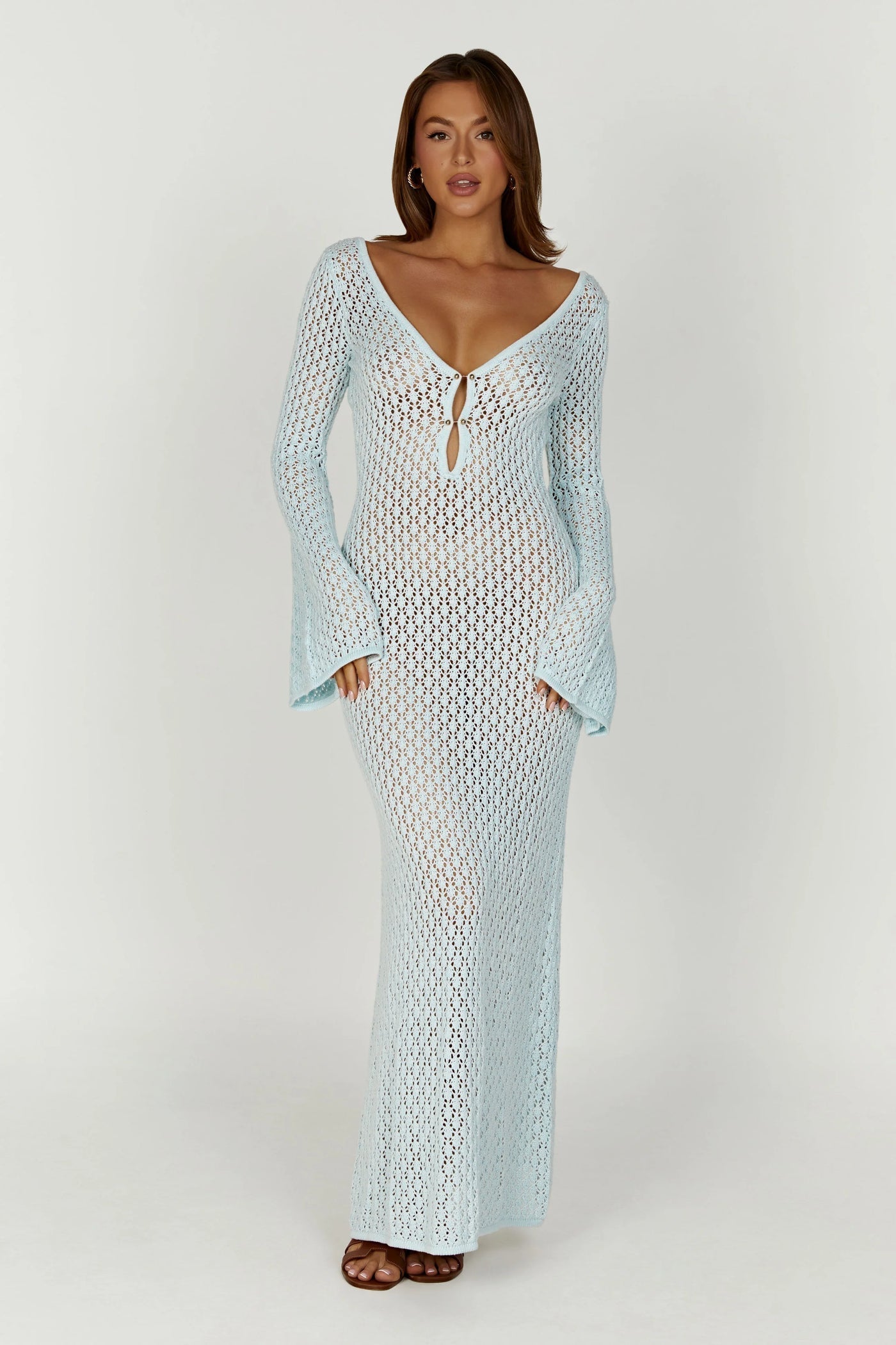 Robe Maxi Femme En Crochet Tricot Décolleté En V Manches Longues Style Bohème Élégant