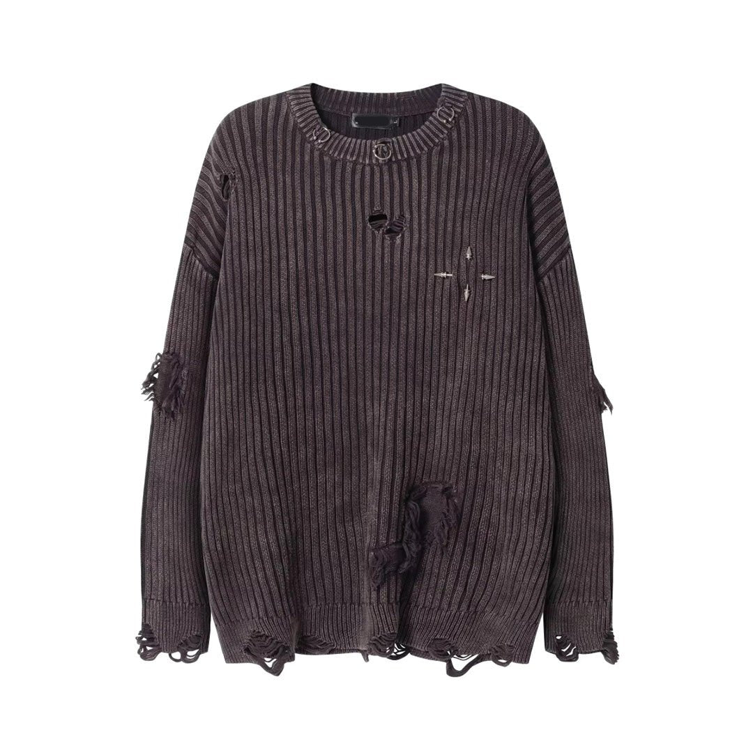 Pull Tricoté Rebelle Punk En Laine Mélangée Avec Détails Usés Et Accessoires Métalliques Coupe Décontractée