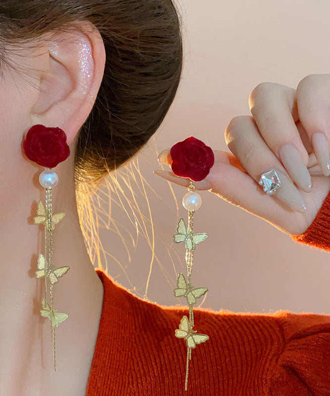 Boucles d'oreilles pendantes à pampilles et papillons en velours et perles, en cuivre rouge surdoré, nouveauté 2025 - Amawinc