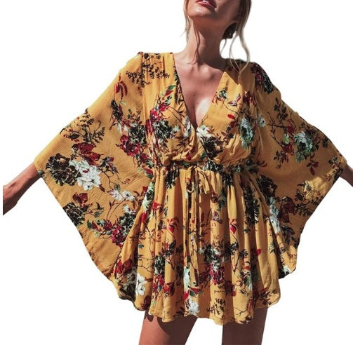 Amawinc Boho Blumenärmel-Kleid