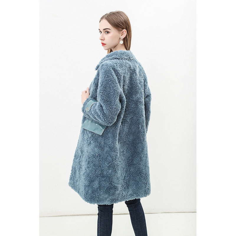 Damen Flauschiger Kunstfell-Mantel mit Taschen und klassischem Kragen Amawinc