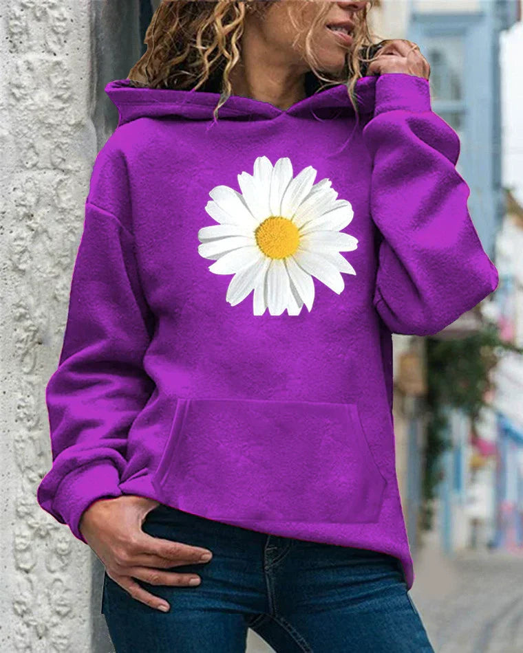Sweat à Capuche Femme Coupe Décontractée Fleece Doux Motif Marguerites Poche Kangourou Nordisk Flair