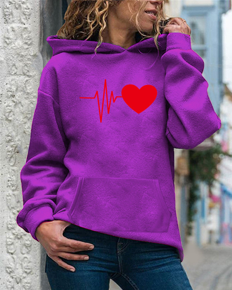 Sweat à Capuche Femme en Mélange de Coton Coupe Décontractée Imprimé Cœur Manches Longues