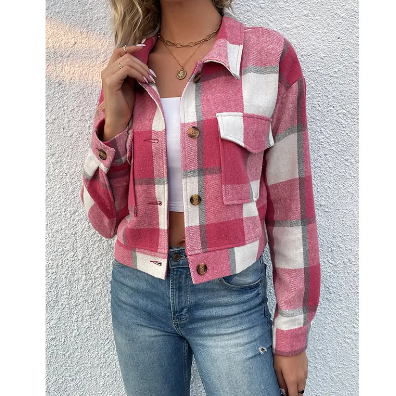 Avelena Damen Bomberjacke: Kariertes Freizeitmodell mit Brusttaschen