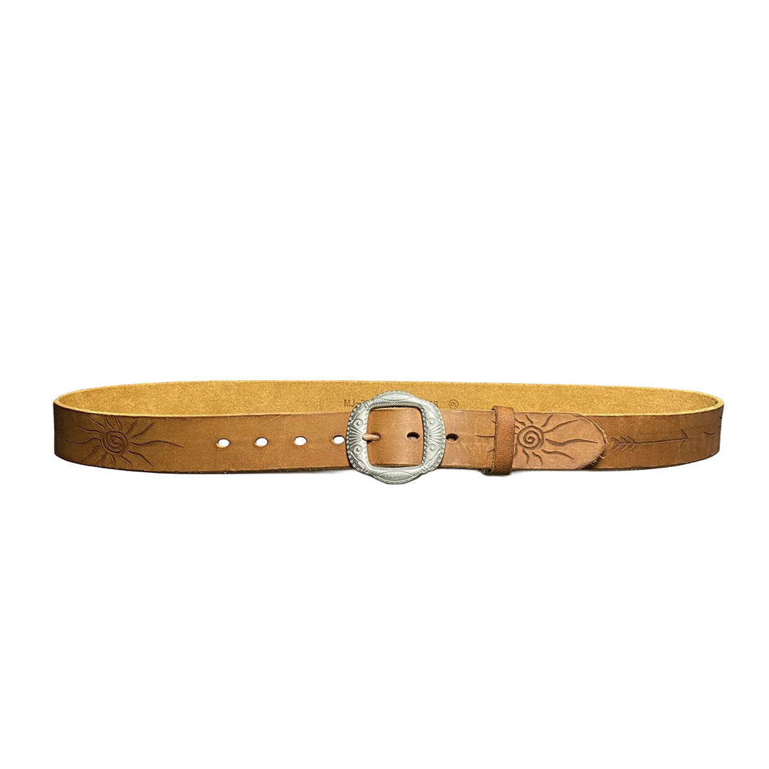 Ceinture En Cuir Véritable Avec Boucle En Acier Gravée Motifs Soleil Et Flèche Artisanale Largeur 4 Cm Tailles Multiples