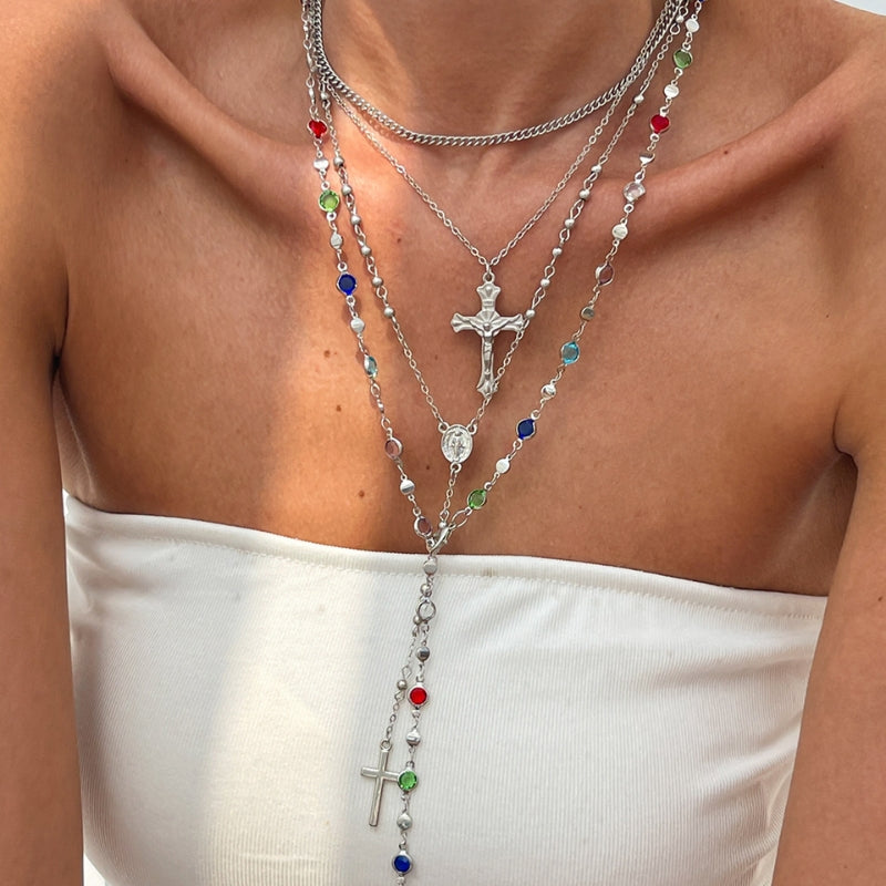 Ensemble De Colliers Croix Quatre Chaînes Pendentifs Métal Alliage Multi Couches Avec Cristaux