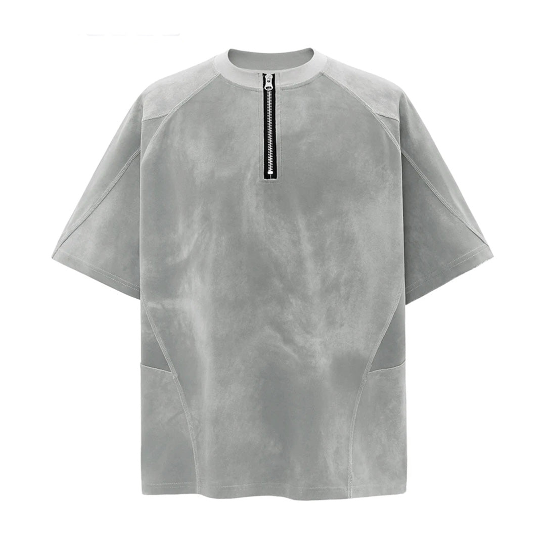 Tee Shirt Phase Col Montant Tissu Brossé Fermeture Éclair Apparente En Coton Polyester Élasthanne Coupe Décontractée
