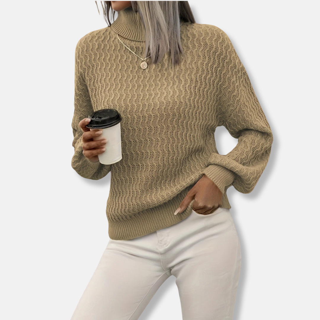 Pull Femme en Maille Col Roulé Manches Ballon Coupe Décontractée Élégante Style Décontracté
